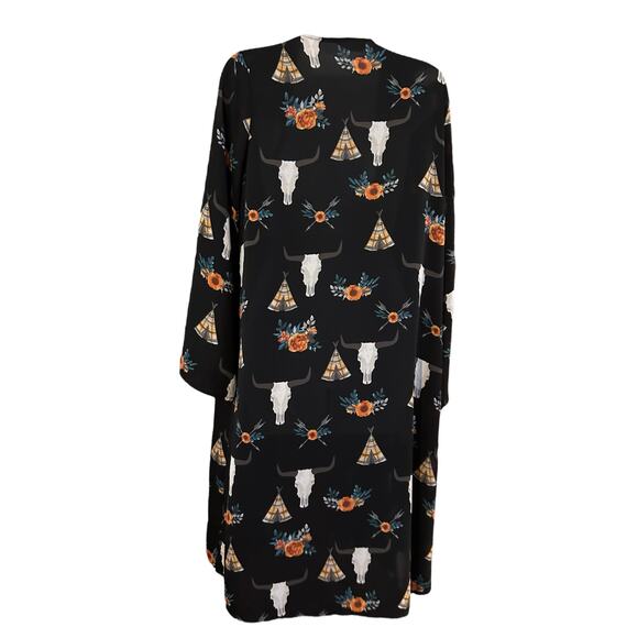 Boot Barn Berry N Cream Women’s Black Cow Skull Floral Boho Western Kimono OS - Picture 3 of 3